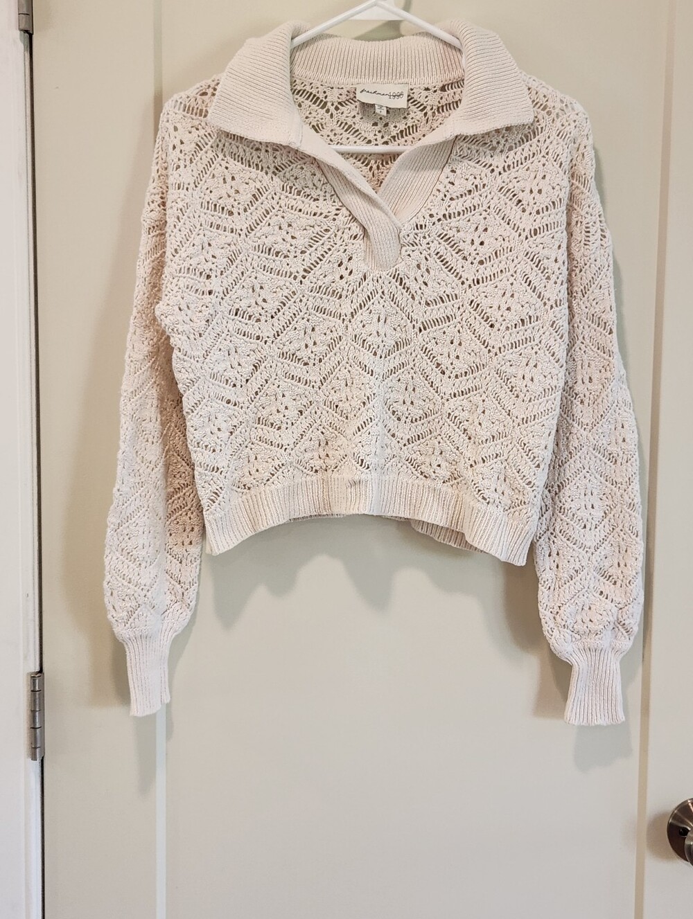 Freshman 1996 Cream Collared Crochet Crop Sweater S